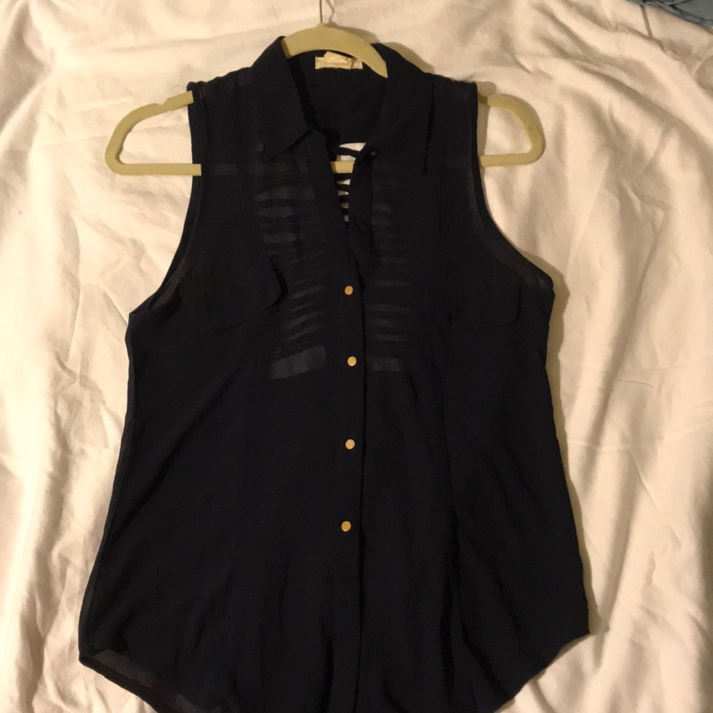 Sheer navy blue blouse with cut out back